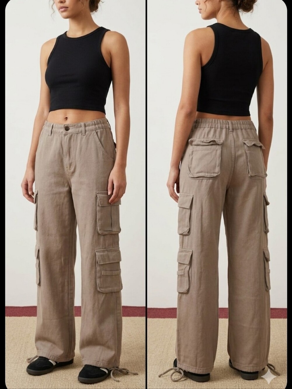 New Lite Brown Cargo Jogger Pants Sz M 8 Pockets Ankle Ties